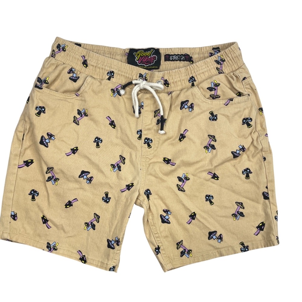 Good Vibes Mens Mushroom Print Khaki Stretch Shorts Tan Size Large Drawstring